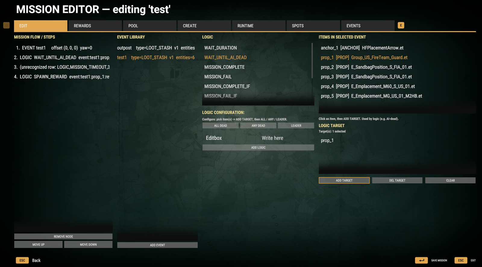 The in-engine mission editor interface