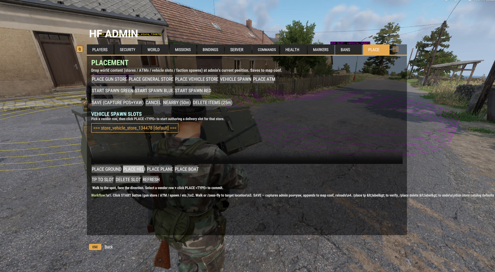 The admin placement tool with debug placement markers in the world