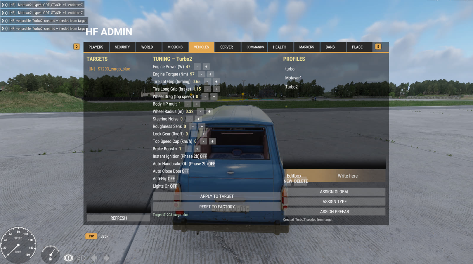 The admin vehicle-dynamics tuning menu with live sliders