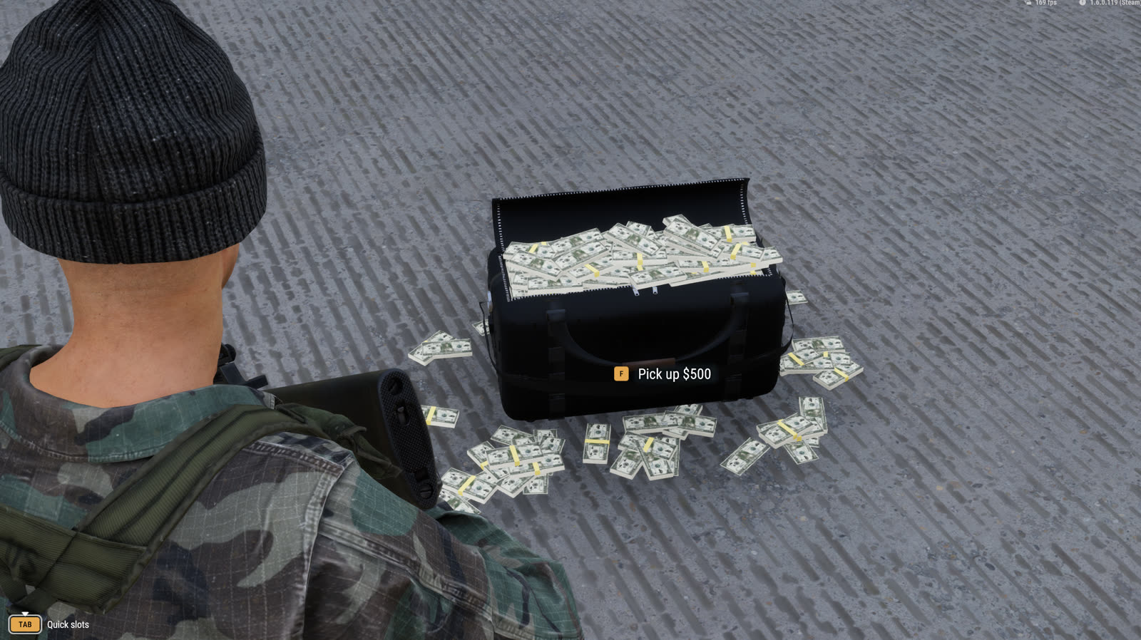 A player looting an open briefcase full of cash