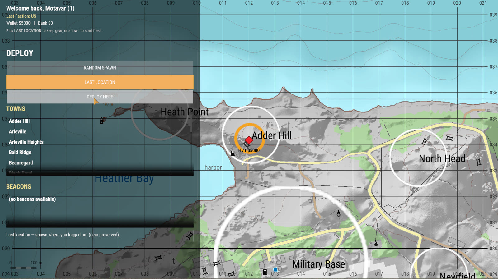 The deploy menu showing town spawns and HVT map markers