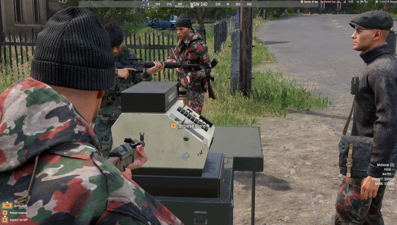 A squad gathered at a gun store terminal in the field