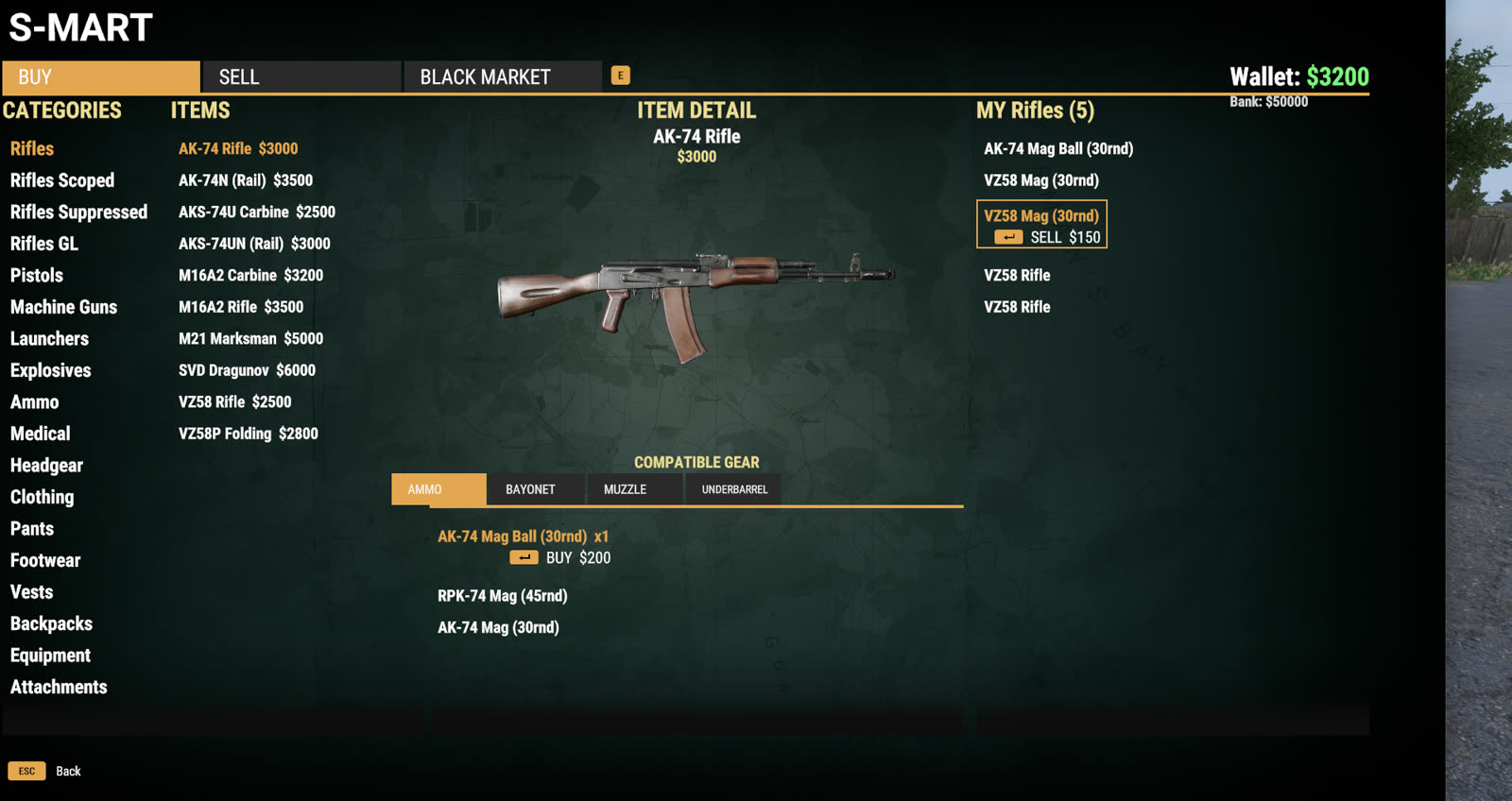 The S-MART gun store interface with the 227-item catalog